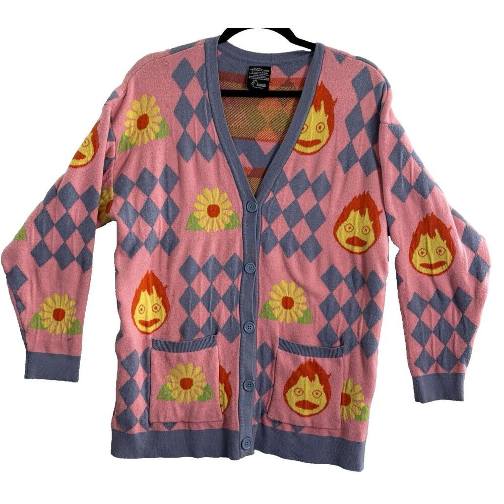 Studio Ghibli HOWLS MOVING CASTLE Sweater Sz M Pink Whimsical Diamonds 43-8